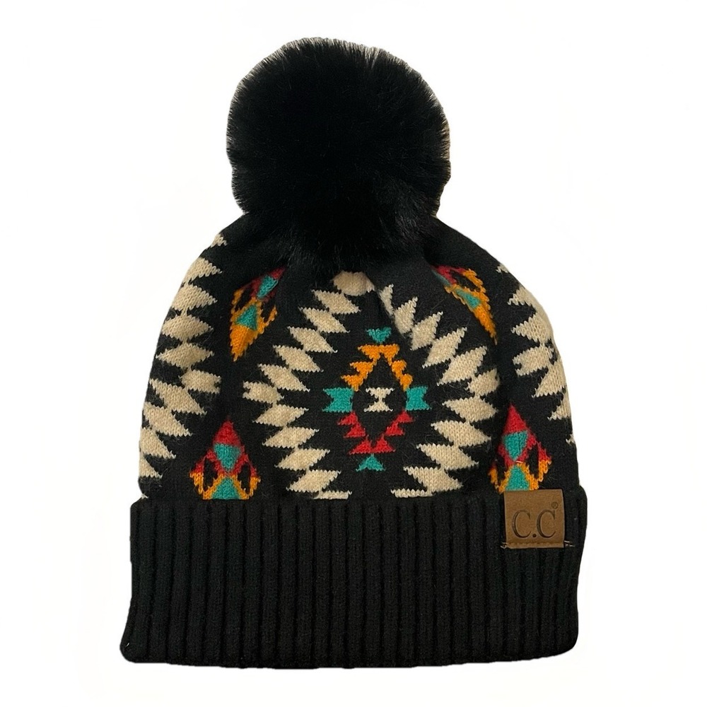 C.C. Black AZTEC Design Geometric Beanie Hat Cap Big POM POM Winter Multicolor